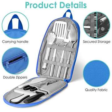 NEXGADGET Camping Kitchen Utensil Set, Portable 9-Piece Stainless Steel Outdoor Cooking and Grilling Utensil with Organizing Bag, Cookware Kit Perfect for Travel, Picnics, RVs, Camping, BBQs and More