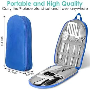 NEXGADGET Camping Kitchen Utensil Set, Portable 9-Piece Stainless Steel Outdoor Cooking and Grilling Utensil with Organizing Bag, Cookware Kit Perfect for Travel, Picnics, RVs, Camping, BBQs and More