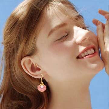 Dreuyet Seashell Pearl Necklace Earrings Set for Women Fashion Enamel Boho Pink Blue Scallop Sea She...