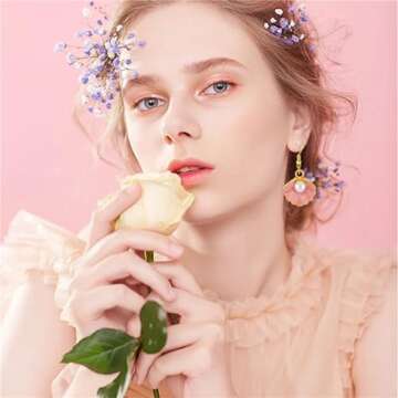 Dreuyet Seashell Pearl Necklace Earrings Set for Women Fashion Enamel Boho Pink Blue Scallop Sea Shell Pendant Necklace Beach Holiday Jewelry Gifts (pink)