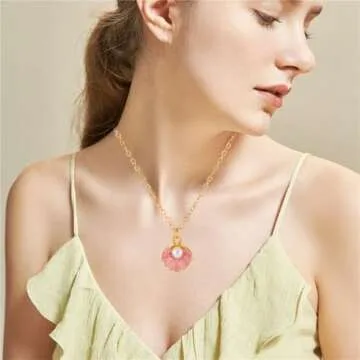 Dreuyet Seashell Pearl Necklace Earrings Set for Women Fashion Enamel Boho Pink Blue Scallop Sea Shell Pendant Necklace Beach Holiday Jewelry Gifts (pink)