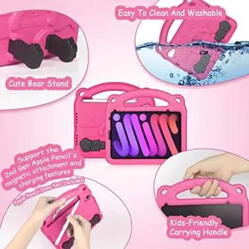 FIREVASE Kids Case for iPad Mini 6th Generation (8.3 Inch 2021), iPad Mini 6 Case for Kids, EVA Shock Proof Light Weight, with Handle Built-in Bracket & Shoulder Strap (Rose)