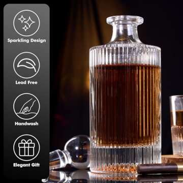 Lily's Home Elegant Glass Whiskey Decanter with Leak-Proof Stopper - Premium Bourbon & Crystal Wine Decanter, Whiskey Bottle, Glass Stopper for Home Bar - 3.80''x10.50'', 27 oz