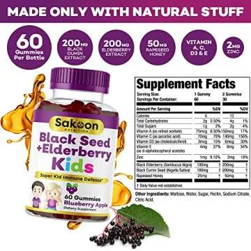 Sakoon nutrition Elderberry & Black Seed Oil Gummies for Kids, Immune Support Gummies, with Vitamin C and Zinc, Delicious Berry Flavor, 60 Gummies