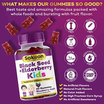 Sakoon nutrition Elderberry & Black Seed Oil Gummies for Kids, Immune Support Gummies, with Vitamin C and Zinc, Delicious Berry Flavor, 60 Gummies
