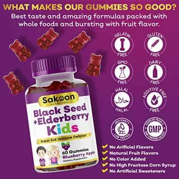Sakoon nutrition Elderberry & Black Seed Oil Gummies for Kids, Immune Support Gummies, with Vitamin C and Zinc, Delicious Berry Flavor, 60 Gummies