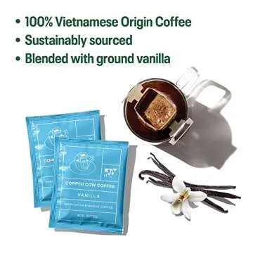 Copper Cow Premium Vietnamese Coffee | Classic, Vanilla, Salted Caramel Latte | Pour Over Single-Serve | Includes 15 Coffees & 15 Creamers