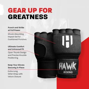 Hawk Padded Inner Gloves for Boxing Training Gel Hand Wraps | Kickboxing, MMA - Pair (Black, S/M)