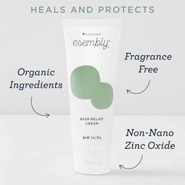 Esembly Rash Relief Cream, Organic and Cloth Friendly Zinc Oxide Barrier Cream, Soothes and Heals Diaper Rash, Natural Aid for Baby Bottom Discomfort, 3oz