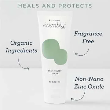 Esembly Rash Relief Cream, Organic and Cloth Friendly Zinc Oxide Barrier Cream, Soothes and Heals Diaper Rash, Natural Aid for Baby Bottom Discomfort, 3oz