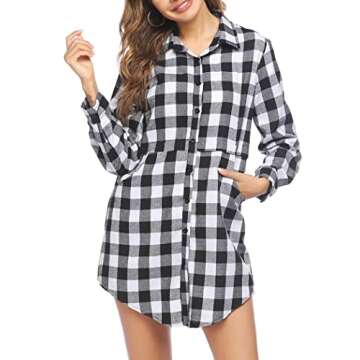 HOTOUCH Flannel Shirt Women Blouses Tops Buffalo Check Plaid Long Sleeve Collared Button Down Shirts Black Checkered M