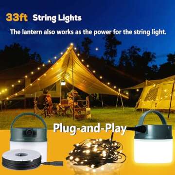 Solar Camping Lantern with String Lights, 33ft Light Strip Easily Store, 3600mAh Rechargeable Lantern with 3 Modes, Waterproof Portable Tent Light, Camping Essentials for Hiking Power Outage