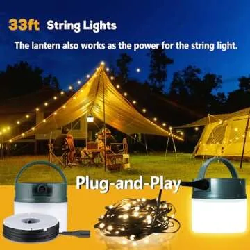 Solar Camping Lantern with String Lights, 33ft Light Strip Easily Store, 3600mAh Rechargeable Lantern with 3 Modes, Waterproof Portable Tent Light, Camping Essentials for Hiking Power Outage