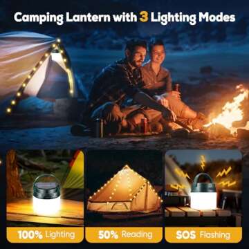 Solar Camping Lantern with String Lights, 33ft Light Strip Easily Store, 3600mAh Rechargeable Lantern with 3 Modes, Waterproof Portable Tent Light, Camping Essentials for Hiking Power Outage