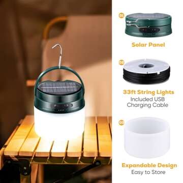 Solar Camping Lantern with String Lights, 33ft Light Strip Easily Store, 3600mAh Rechargeable Lantern with 3 Modes, Waterproof Portable Tent Light, Camping Essentials for Hiking Power Outage