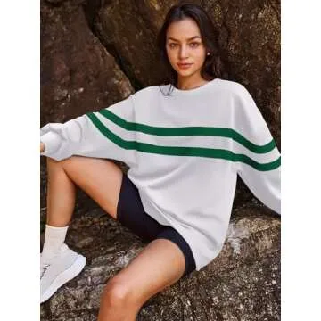 Panadila Womens Oversized Crewneck Sweatshirt Striped Pullover Long Sleeve Tunic Tops to Wear with Leggings (White,XL)