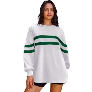Panadila Womens Oversized Crewneck Sweatshirt Striped Pullover Long Sleeve Tunic Tops to Wear with Leggings (White,XL)