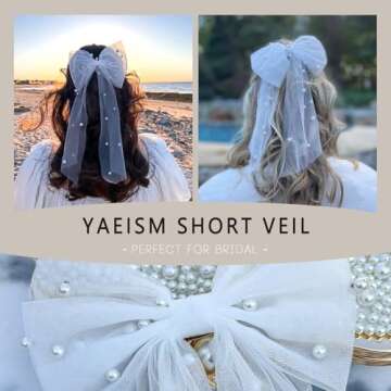 YAEISM Bridal Pearl Hair Bow Veil for Weddings Parties