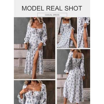 BLENCOT Casual Women's Square Neck Long Sleeve Split Thigh Dress Boho Floral Print A-line Tie Front Midi Dresses White L