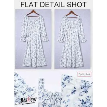 BLENCOT Casual Women's Square Neck Long Sleeve Split Thigh Dress Boho Floral Print A-line Tie Front Midi Dresses White L