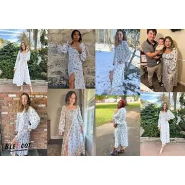 BLENCOT Casual Women's Square Neck Long Sleeve Split Thigh Dress Boho Floral Print A-line Tie Front Midi Dresses White L