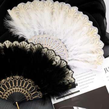Fumwase Foldable Feather Fan Embroidered Flower Handheld Chinese Folding Fans 1920s Feather Fan Flapper Hand Fan for Costume Party Wedding Dancing Decoration (White)