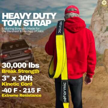 Motormic Tow Strap Recovery Kit – 3" x 30ft (30,000 lbs.) Rope + 2" Shackle Hitch Receiver + 5/8" ...