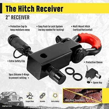 Motormic Tow Strap Recovery Kit – 3" x 30ft (30,000 lbs.) Rope + 2" Shackle Hitch Receiver + 5/8" Locking Pin + 3/4" D Ring Shackles with Safety Ring + Heavy Duty Bag - Off Road Pick Up Towing