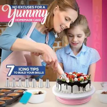 RFAQK 35PCs Cake Turntable and Leveler-Rotating Cake Stand with Non Slip pad-7 Icing Tips and 20 Bags- Straight & Offset Spatula-3 Scraper Set -EBook-Cake Decorating Supplies Kit -Baking Tools