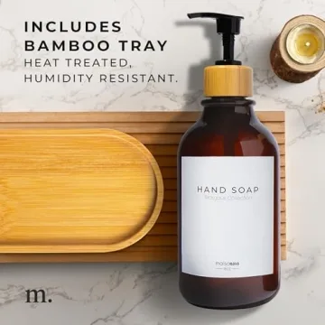 MaisoNovo Soap Dispensers 3-Piece Set | Bathroom Soap Dispenser | Kitchen Soap Dispenser Set | 16.9oz Amber Bottles with Black Pumps Set of 2 with Tray