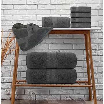 White Classic Luxury Bath Towel Set of 8 Pieces - 100% Turkish Cotton Highly Absorbent Towels for Bathroom, 2 Luxury Bath Towels 700GSM, 2 Hand Towels, 4 Washcloths, Dark Gray