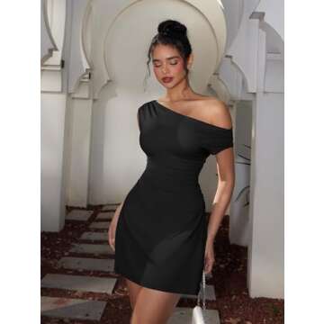 LAGSHIAN Women's Summer Off Shoulder Trendy Ruched Stretch Bodycon Cocktail Party Flare Mini Dress Black