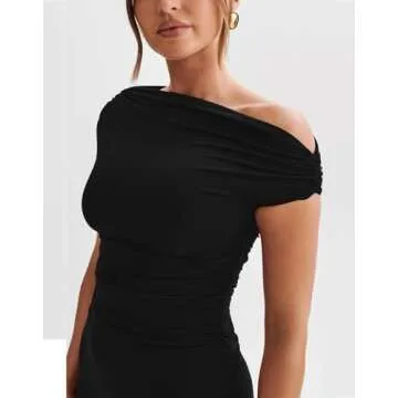 LAGSHIAN Women's Summer Off Shoulder Trendy Ruched Stretch Bodycon Cocktail Party Flare Mini Dress Black