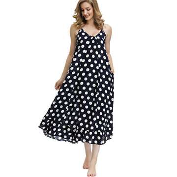 BUENOS NINOS Women's V Neck Floral Maxi Dress Boho Printed Adjustable Spaghetti Strap Ethnic Beach Long Dress with Pockets M Navy Polka dot Dress