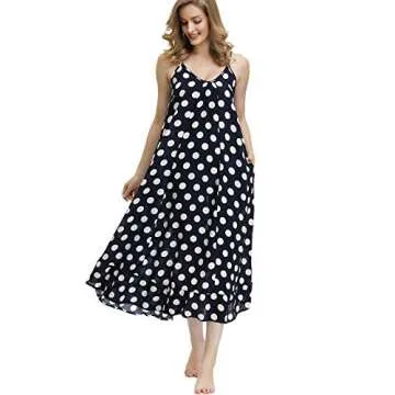 BUENOS NINOS Women's V Neck Floral Maxi Dress Boho Printed Adjustable Spaghetti Strap Ethnic Beach Long Dress with Pockets M Navy Polka dot Dress