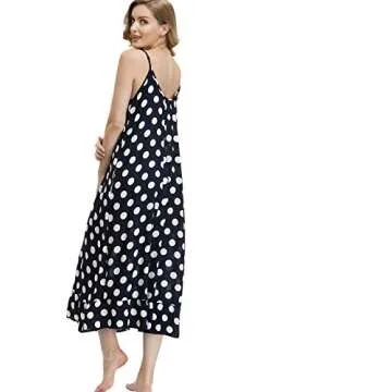 BUENOS NINOS Women's V Neck Floral Maxi Dress Boho Printed Adjustable Spaghetti Strap Ethnic Beach Long Dress with Pockets M Navy Polka dot Dress