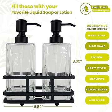 Square Glass Clear Lotion and Soap Pump Dispenser Set with Metal Stand Caddy for Bathroom Bath Kitch...