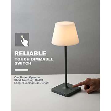WEILAILUX Outdoor Battery Operated Table Lamp Waterproof, 4000mAh Cordless Table Lamp Rechargeable, Touch Dimmable Desk Lamp, LED Night Light for Patio Camping Restaurant Home, H15in, Grey