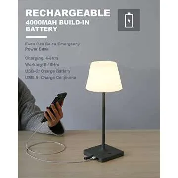 WEILAILUX Outdoor Battery Operated Table Lamp Waterproof, 4000mAh Cordless Table Lamp Rechargeable, Touch Dimmable Desk Lamp, LED Night Light for Patio Camping Restaurant Home, H15in, Grey