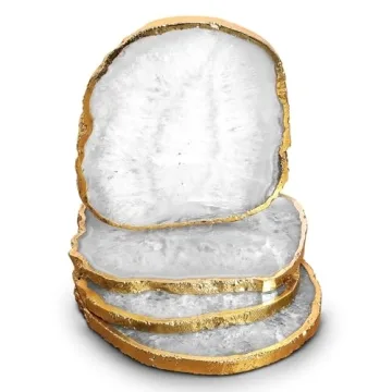 Natural Agate Coasters Set of 4 - Elegant Brazilian Gemstone Coasters with Gold Rim for Stylish Home...