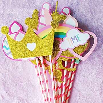 Gold Unicorn Photo Booth Props, Unicorn with Crown Party Supplies, Rainbow Unicorn Theme Large Photo Boothprops Colorful(12 pcs-Fully Assembled) for Girls Kids Birthday Baby Shower Party