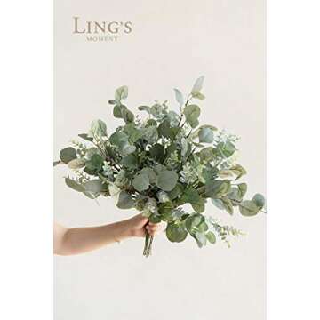 Ling's Moment Artificial Plants 3-Eucalyptus leaves Branches Bouquets,18Pcs 17.5"Tall Hanging Fake G...
