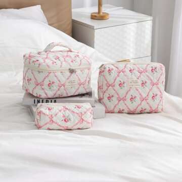 Cute Floral Quilted Makeup Bag Set for Women