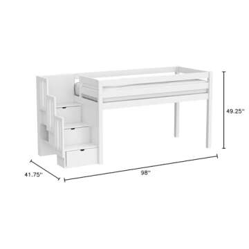 JACKPOT! Contemporary Low Loft Twin Bed with a 3 Drawer Stairway, White