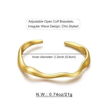 WOWORAMA Wave Gold Cuff Bracelets for Women Round Irregular Open Bangle Bracelets Simple Adjustable Gold Mobius Bracelet - Gold Round Wave Cuffs