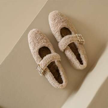 Kluolandi Women's Shearling Ballet Flats with Strap Warm Rabbit Fur Lined Crystal Buckle Mary Jane Flat Shoes Beige Size 7