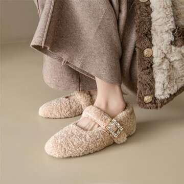 Kluolandi Women's Shearling Ballet Flats with Strap Warm Rabbit Fur Lined Crystal Buckle Mary Jane Flat Shoes Beige Size 7