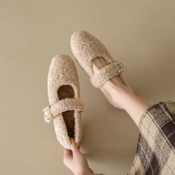 Kluolandi Women's Shearling Ballet Flats with Strap Warm Rabbit Fur Lined Crystal Buckle Mary Jane Flat Shoes Beige Size 7