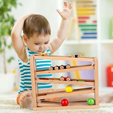 Qilay Wooden Race Track Car Ramp Racer Toy for Toddlers, 5 Level Race Car Ramp Toy Set Includes 4 Wo...