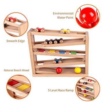 Qilay Wooden Race Track Car Ramp Racer Toy for Toddlers, 5 Level Race Car Ramp Toy Set Includes 4 Wood Cars and 3 Balls,Great Building Learning Toys or 3+ Years Old Boy and Girl